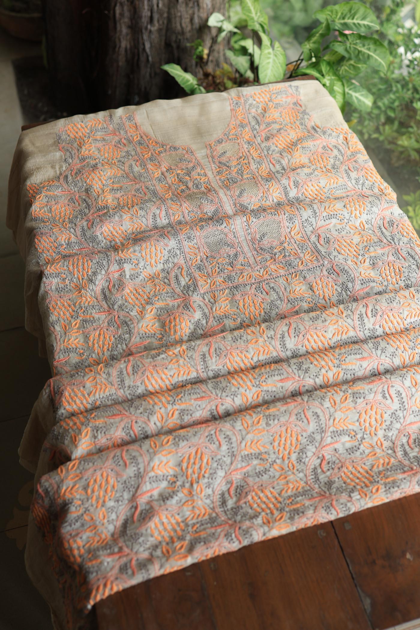Natural Shade Tussar Silk Chikankari Fabric