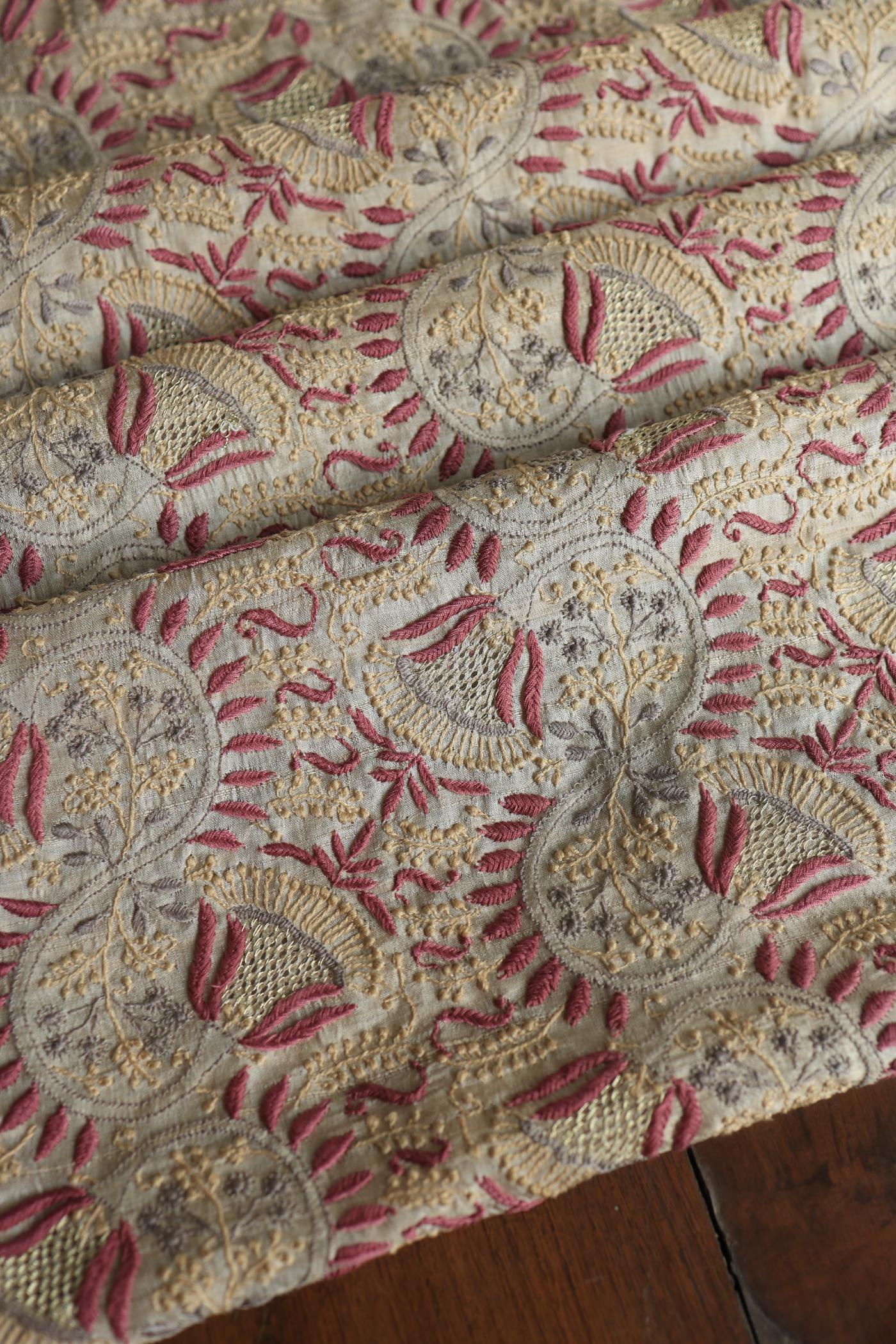 Natural Shade Tussar Silk Chikankari Fabric