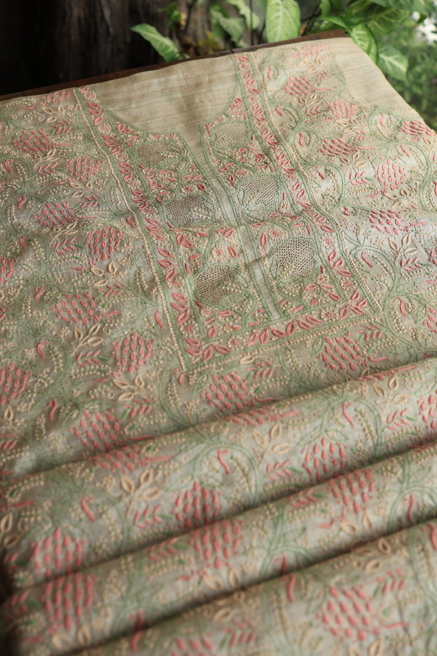 Natural Shade Tussar Silk Chikankari Fabric