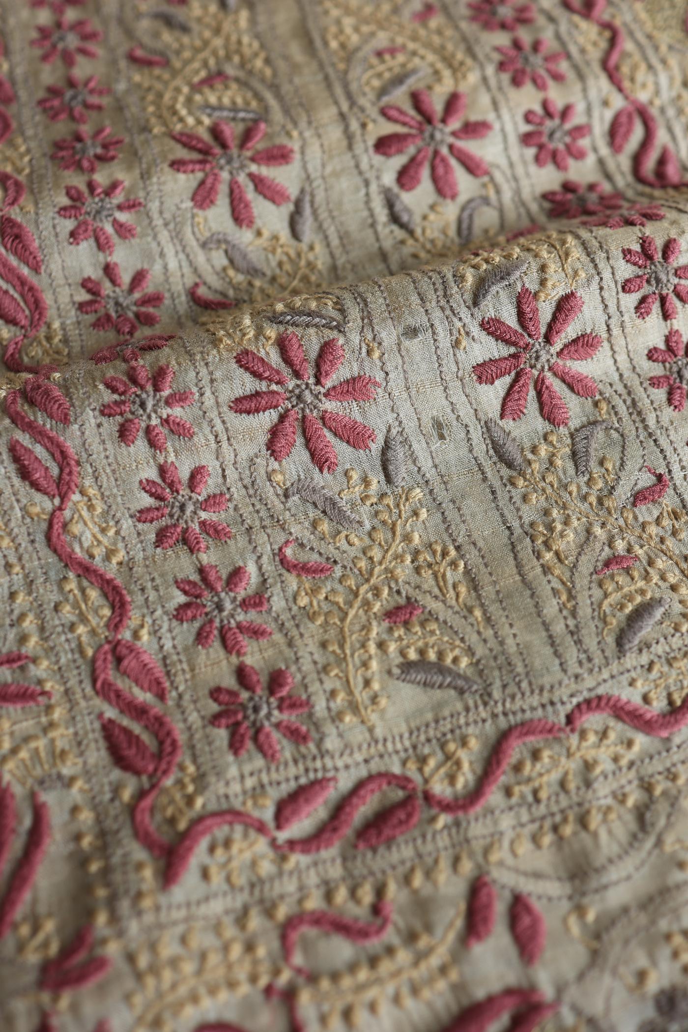 Natural Shade Tussar Silk Chikankari Fabric