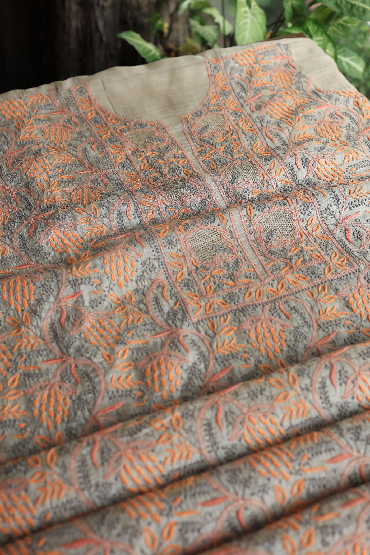 Natural Shade Tussar Silk Chikankari Fabric