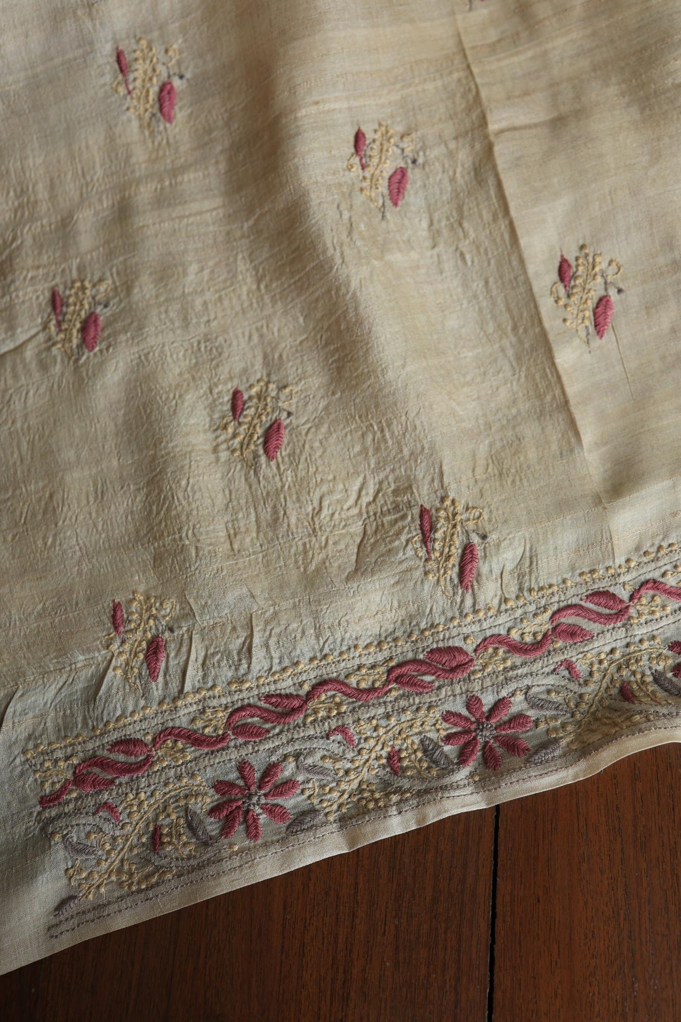 Natural Shade Tussar Silk Chikankari Fabric