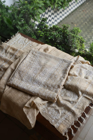 Natural Tussar Silk Ari, Sequins & Beads Work Unstitched Kurta Dupatta Set