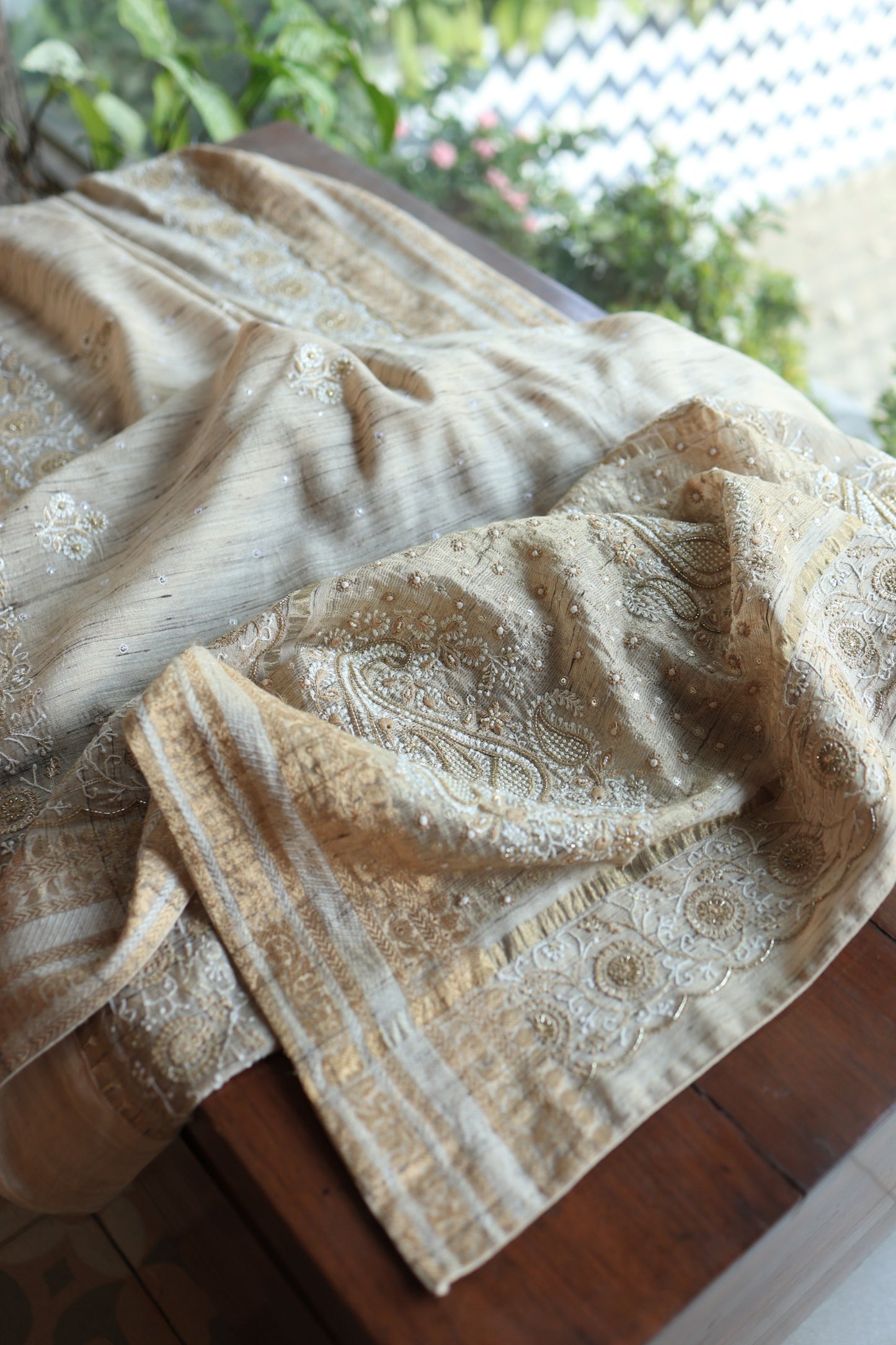 Natural Beige Tussar Silk Chikankari Saree