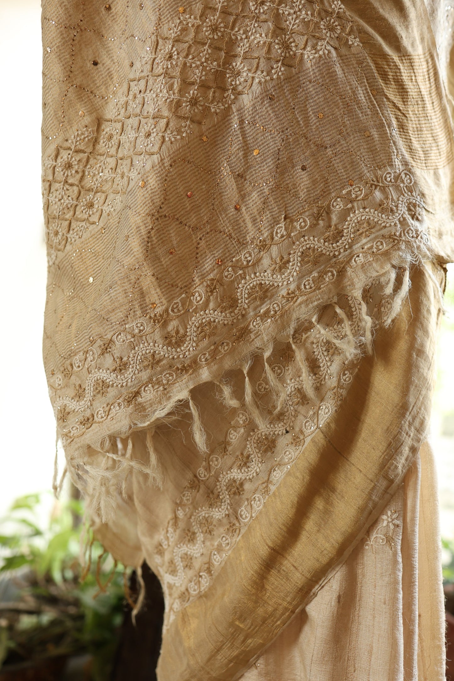 Natural Tussar Silk Shade Basak Chikankari Saree