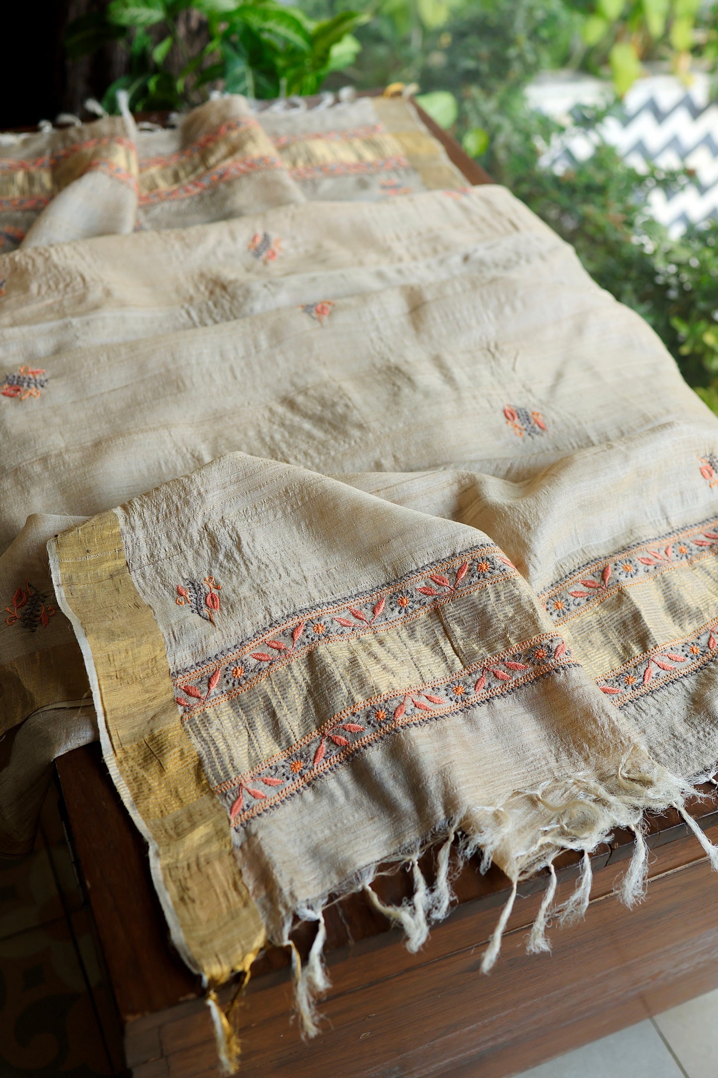 Natural & Orange Shade Tussar Silk Natural Shade With Multi Thread Chikankari Fabric