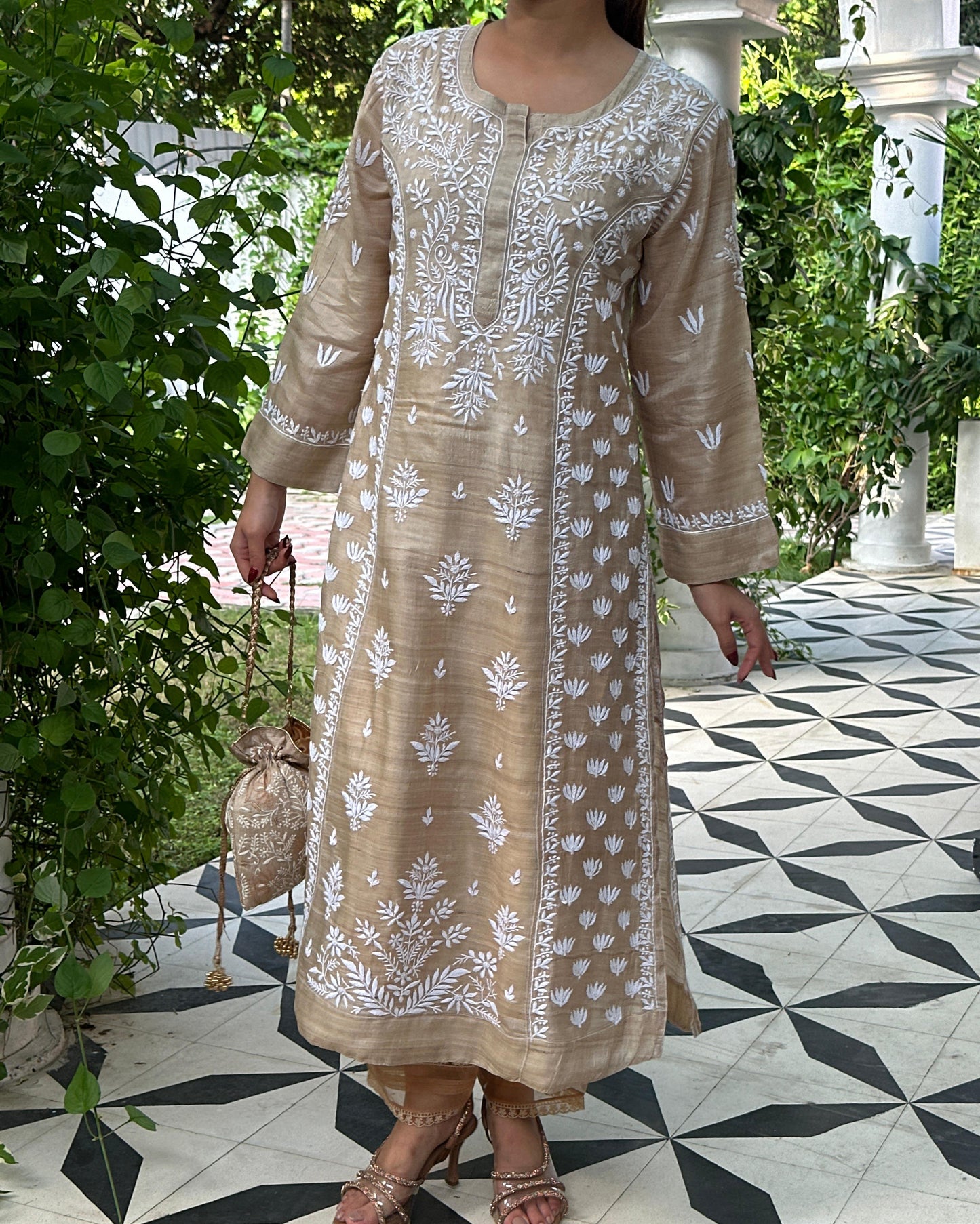 Natural Tussar Silk Chikankari Ready to Wear Kurta Dress