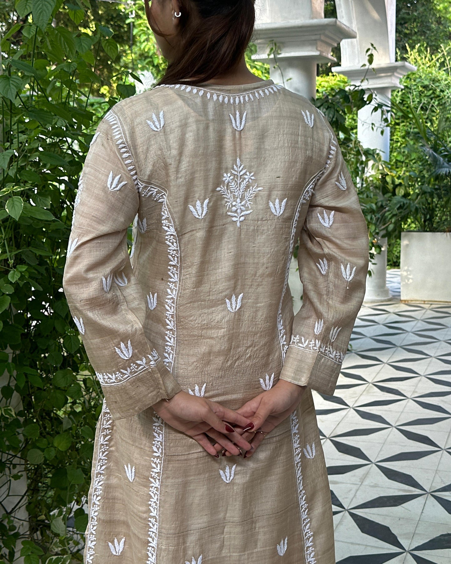 Natural Tussar Silk Chikankari Ready to Wear Kurta Dress