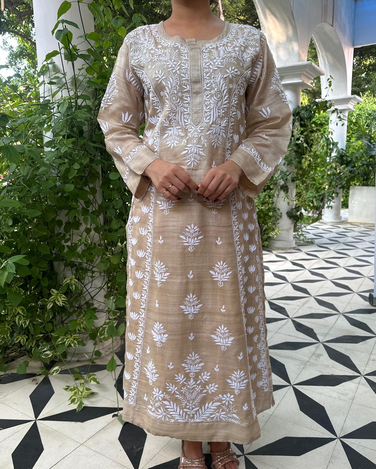 Natural Tussar Silk Chikankari Ready to Wear Kurta Dress