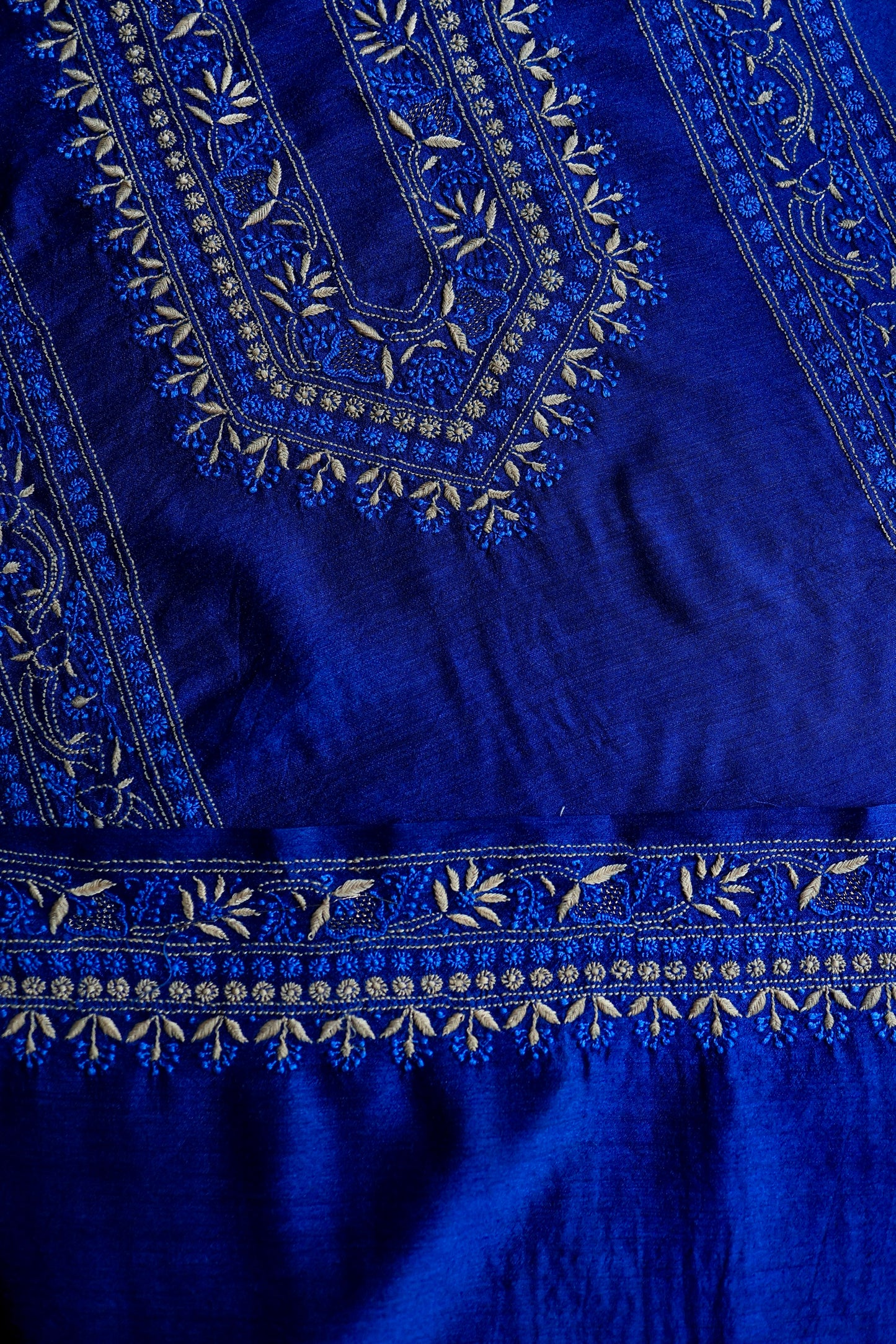 Navy Blue Moonga Silk Front Panel Chikankari Men’s Kurta Fabric