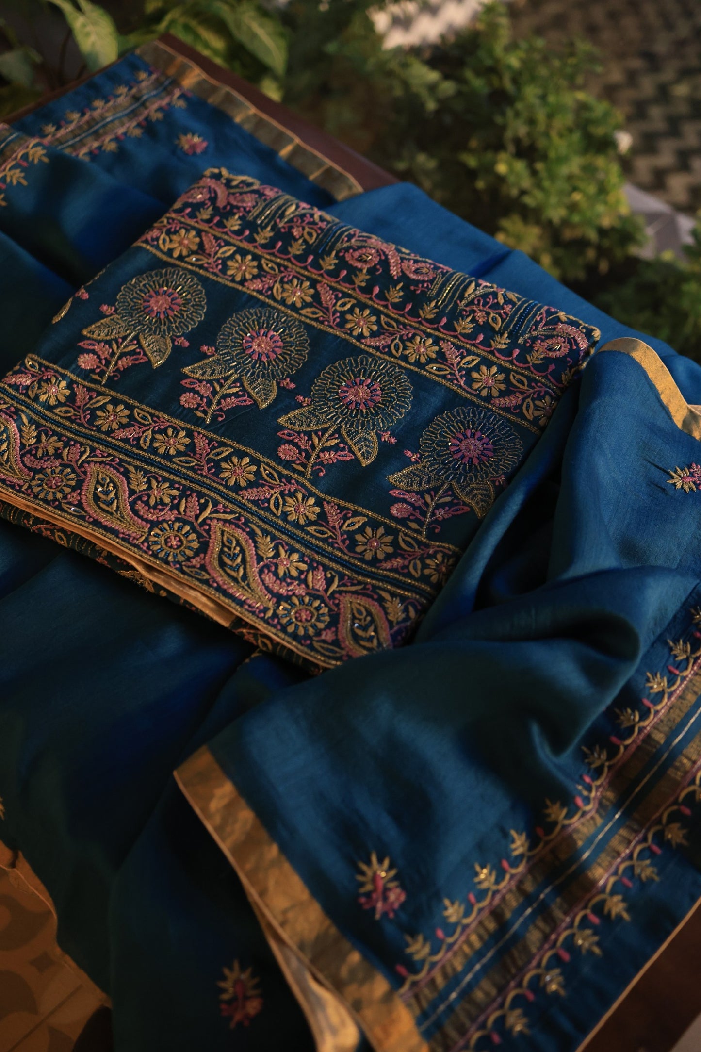 Navy Blue Shade Moonga Silk Chikankari Unstitched Fabric