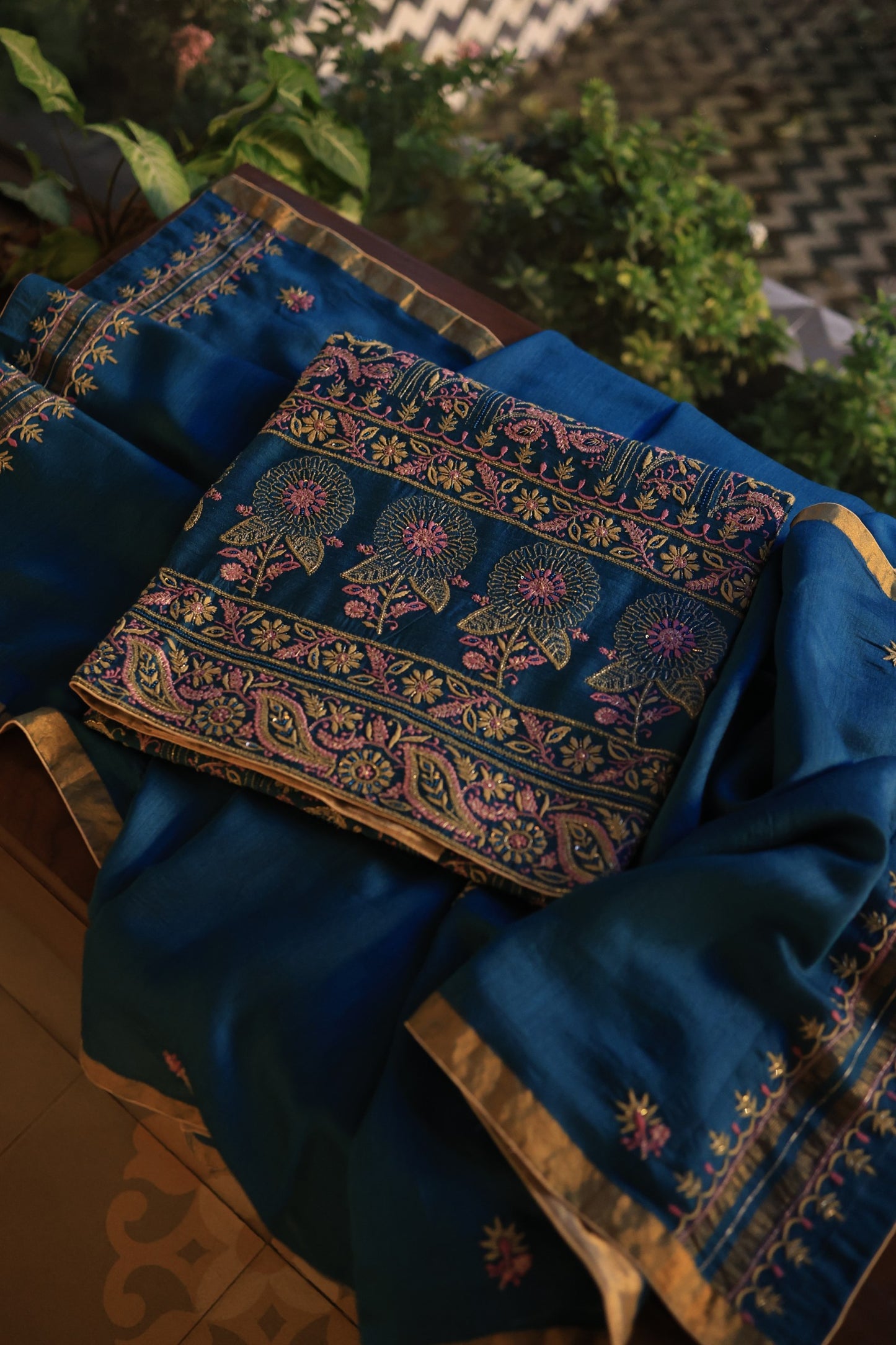 Navy Blue Shade Moonga Silk Chikankari Unstitched Fabric