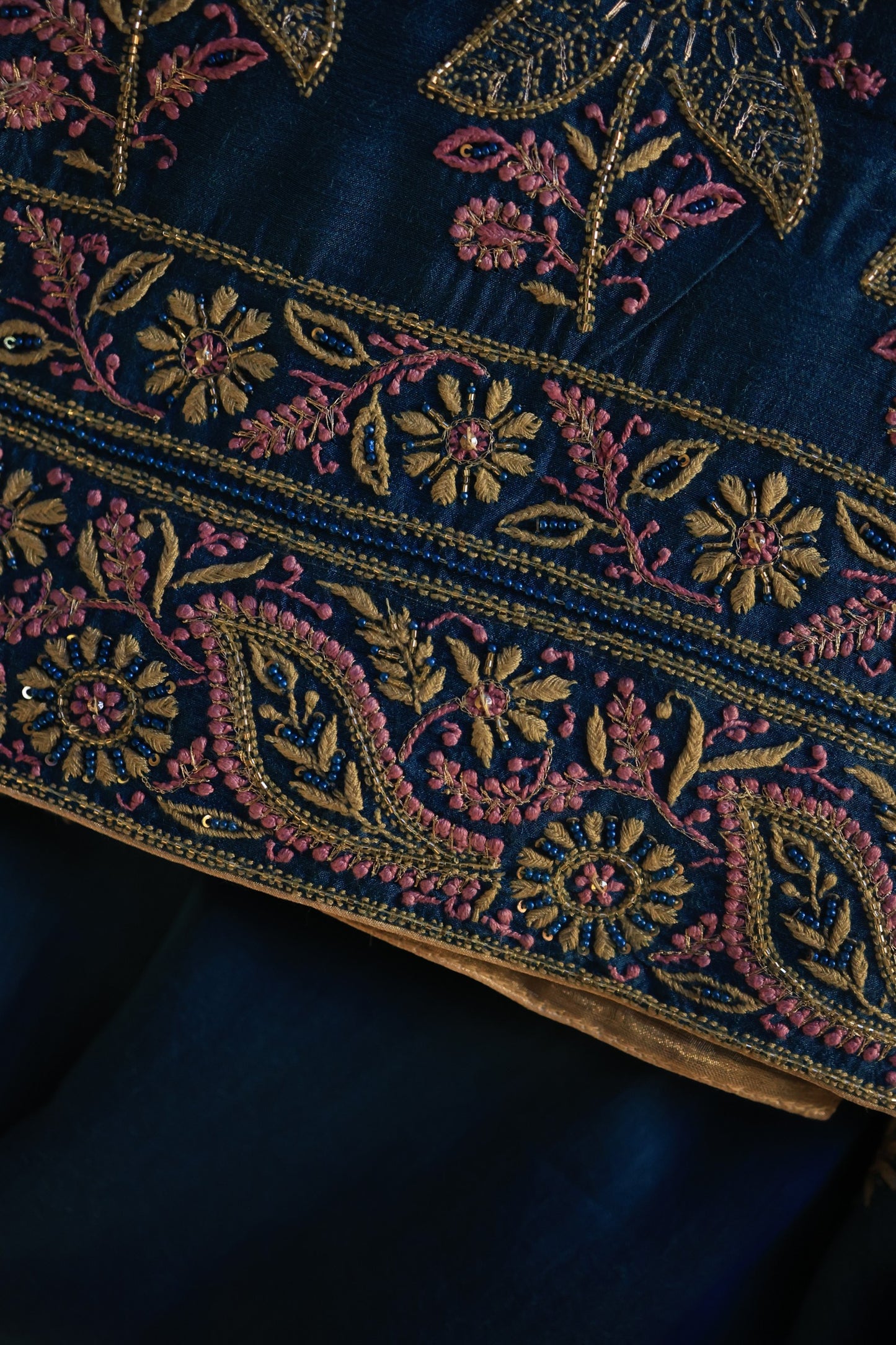 Navy Blue Shade Moonga Silk Chikankari Unstitched Fabric