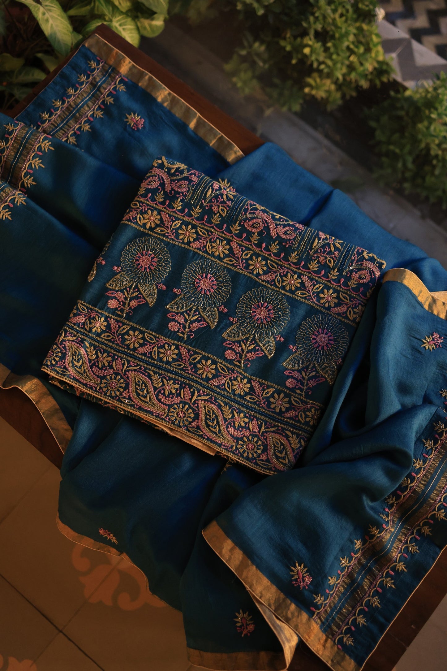 Navy Blue Shade Moonga Silk Chikankari Unstitched Fabric