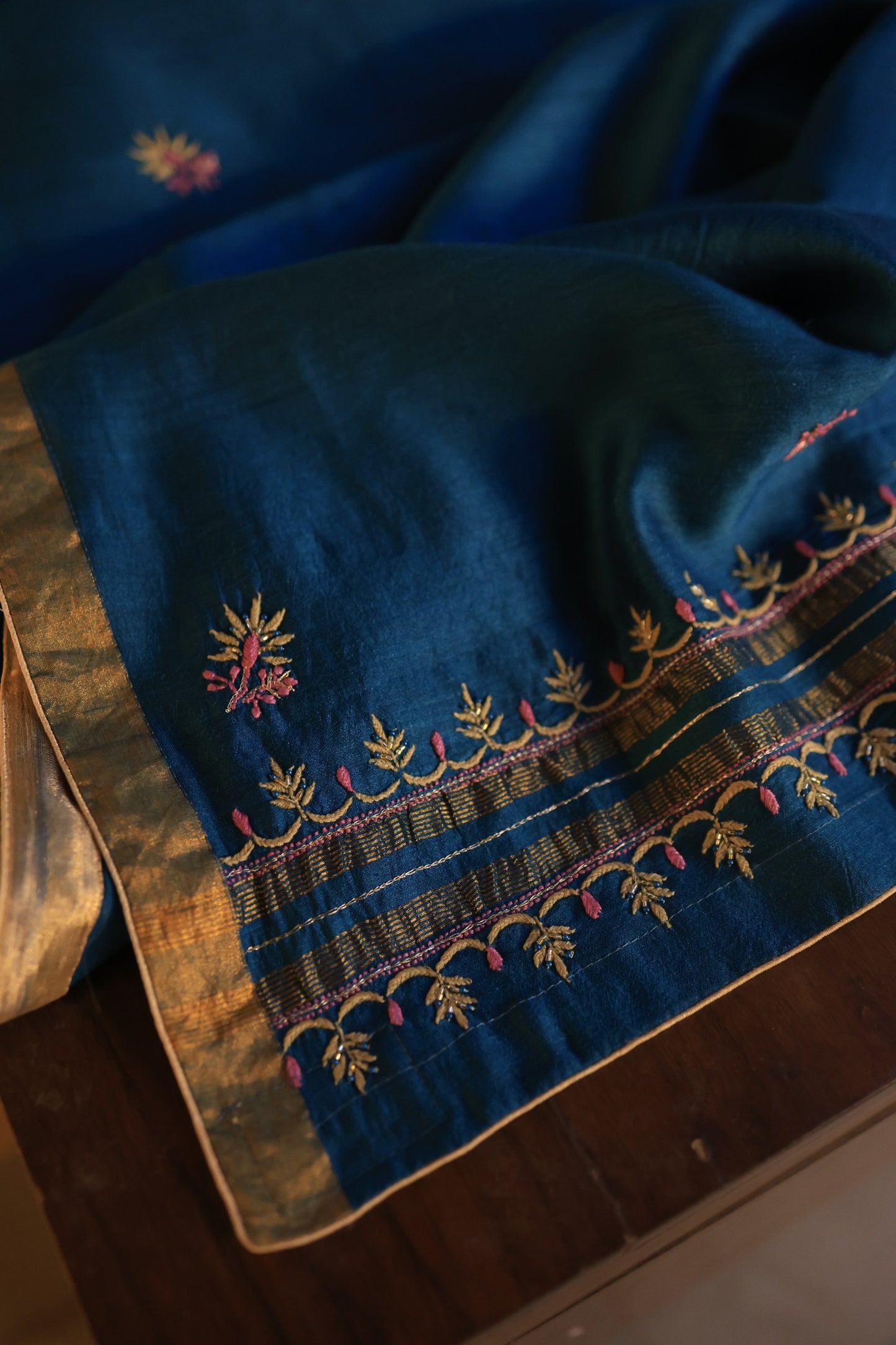 Navy Blue Shade Moonga Silk Chikankari Unstitched Fabric