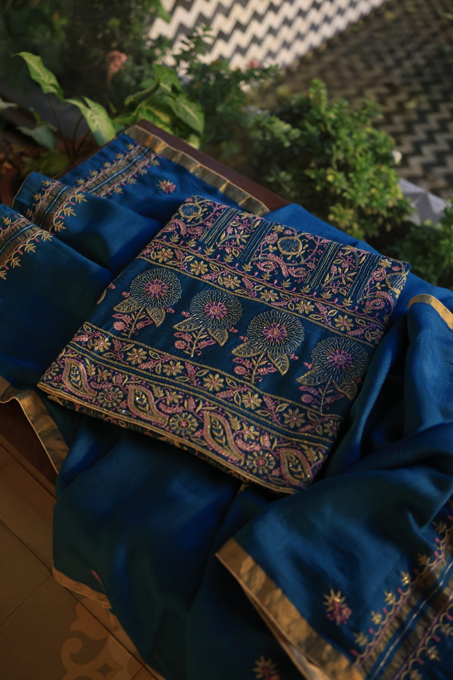 Navy Blue Shade Moonga Silk Chikankari Unstitched Fabric