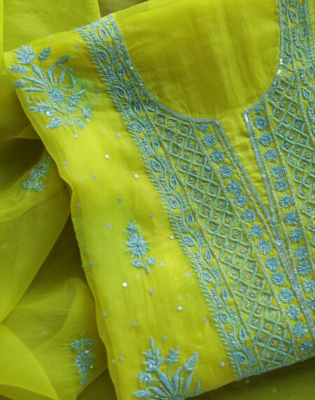 Neon Noor Organza Silk Chikankari Unstitched Kurta Dupatta Set