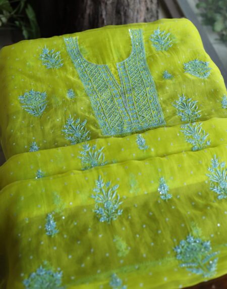 Neon Noor Organza Silk Chikankari Unstitched Kurta Dupatta Set