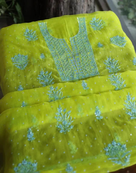 Neon Noor Organza Silk Chikankari Unstitched Kurta Dupatta Set