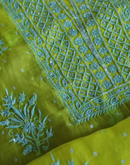 Neon Noor Organza Silk Chikankari Unstitched Kurta Dupatta Set