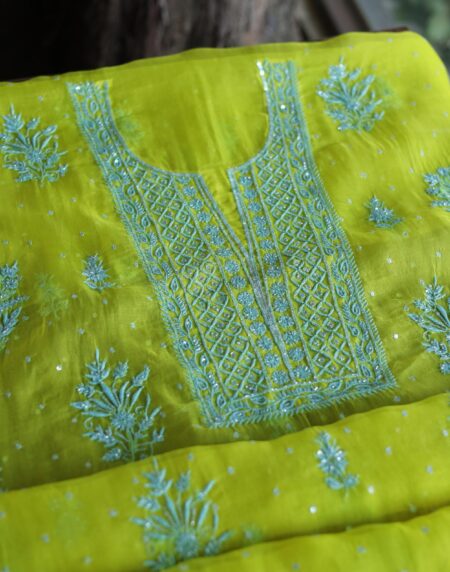 Neon Noor Organza Silk Chikankari Unstitched Kurta Dupatta Set