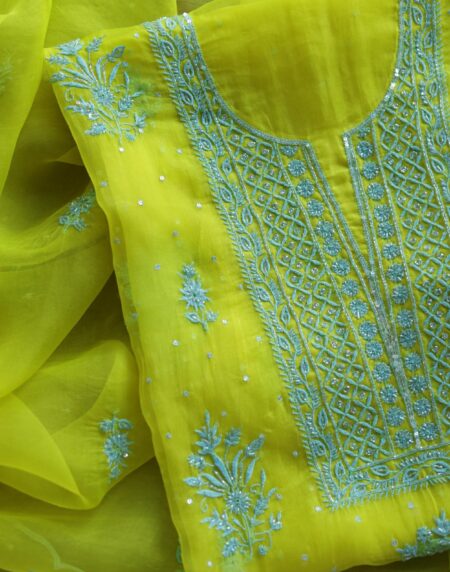 Neon Noor Organza Silk Chikankari Unstitched Kurta Dupatta Set