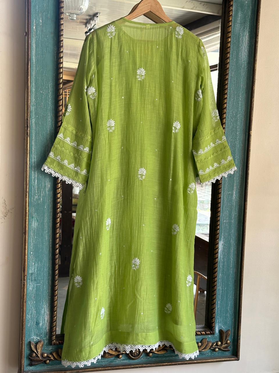 Neon Green Shade Malmal Pearl Work Chikankari Kurta With Dupatta