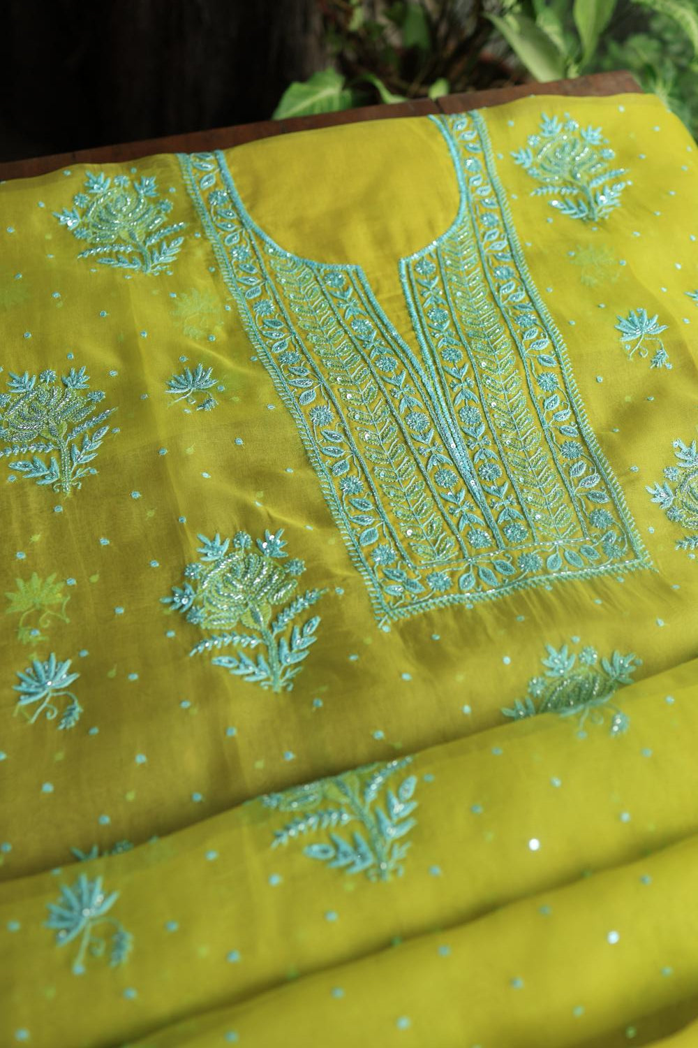 Neon Noor Organza Chikankari Unstitched Kurta Dupatta Set