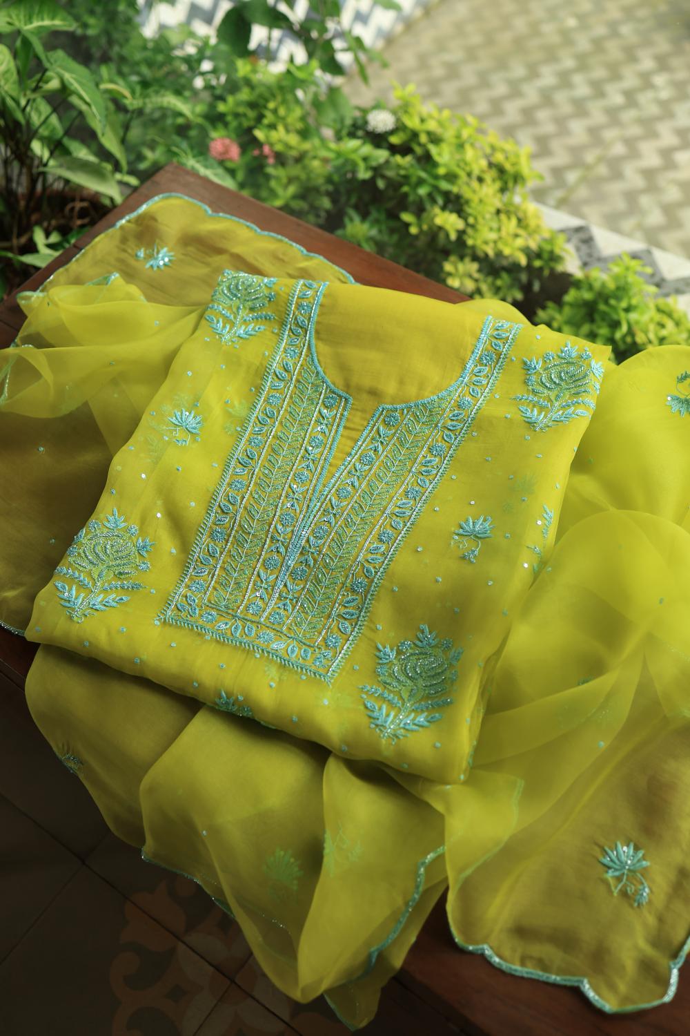 Neon Noor Organza Chikankari Unstitched Kurta Dupatta Set
