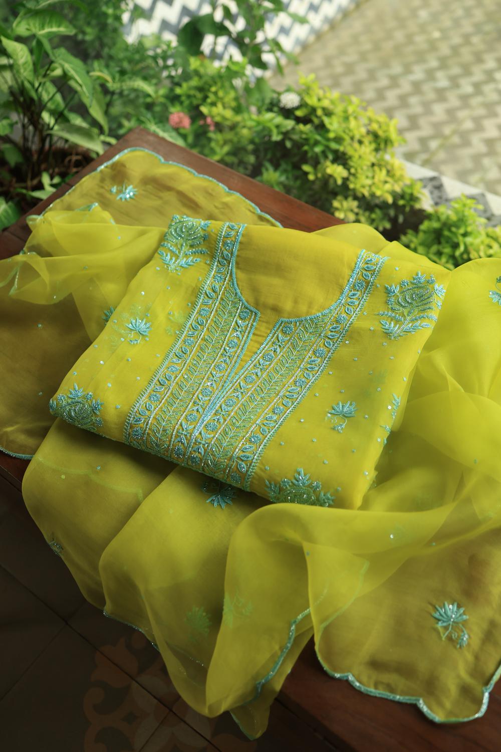 Neon Noor Organza Chikankari Unstitched Kurta Dupatta Set