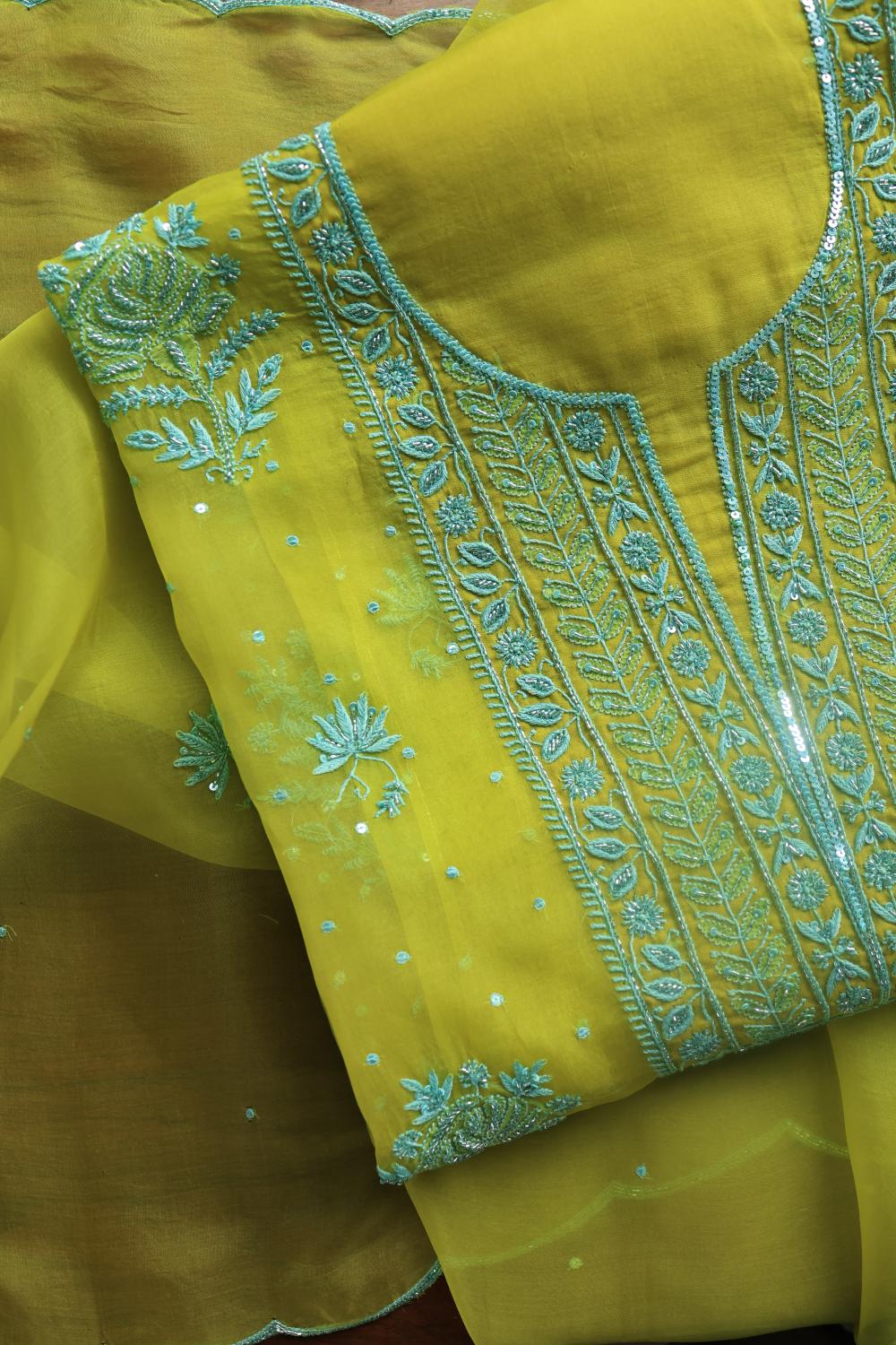 Neon Noor Organza Chikankari Unstitched Kurta Dupatta Set