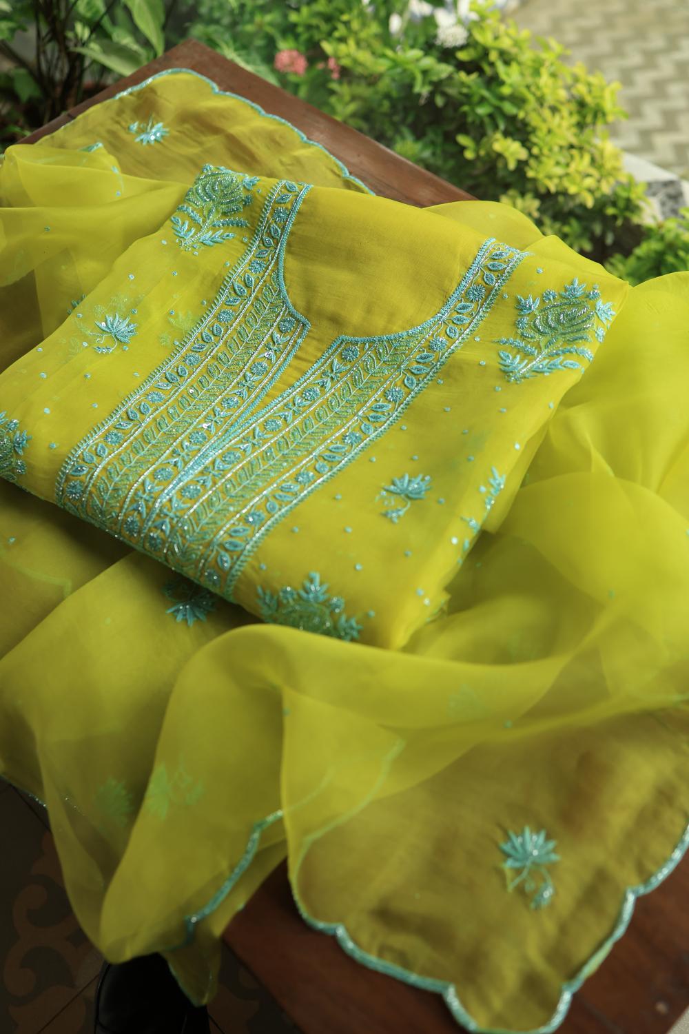 Neon Noor Organza Chikankari Unstitched Kurta Dupatta Set