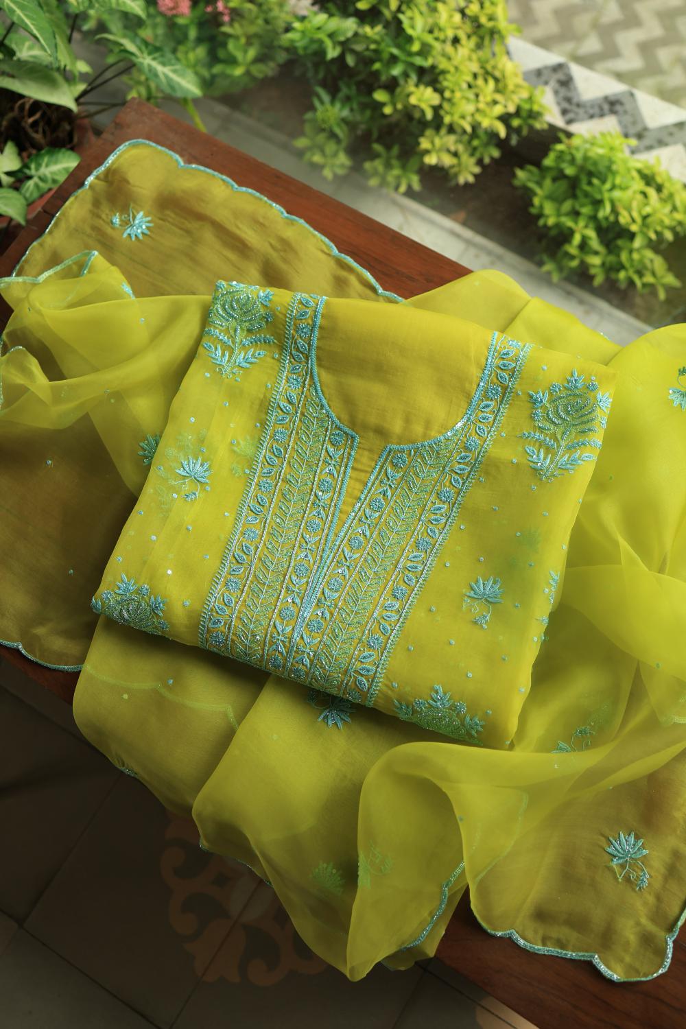 Neon Noor Organza Chikankari Unstitched Kurta Dupatta Set