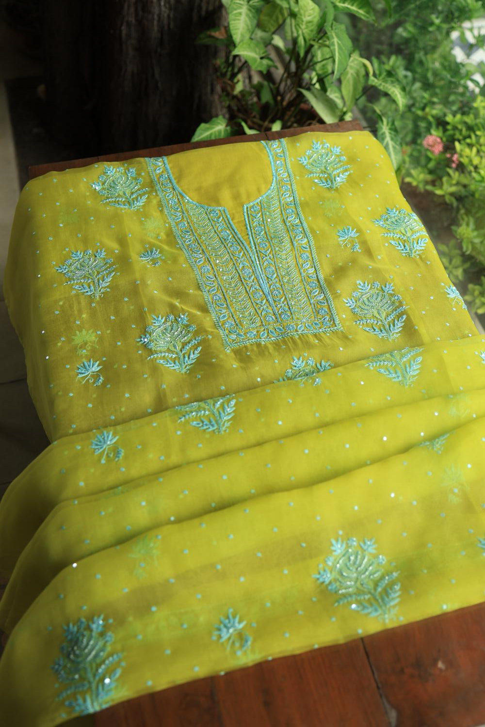 Neon Noor Organza Chikankari Unstitched Kurta Dupatta Set