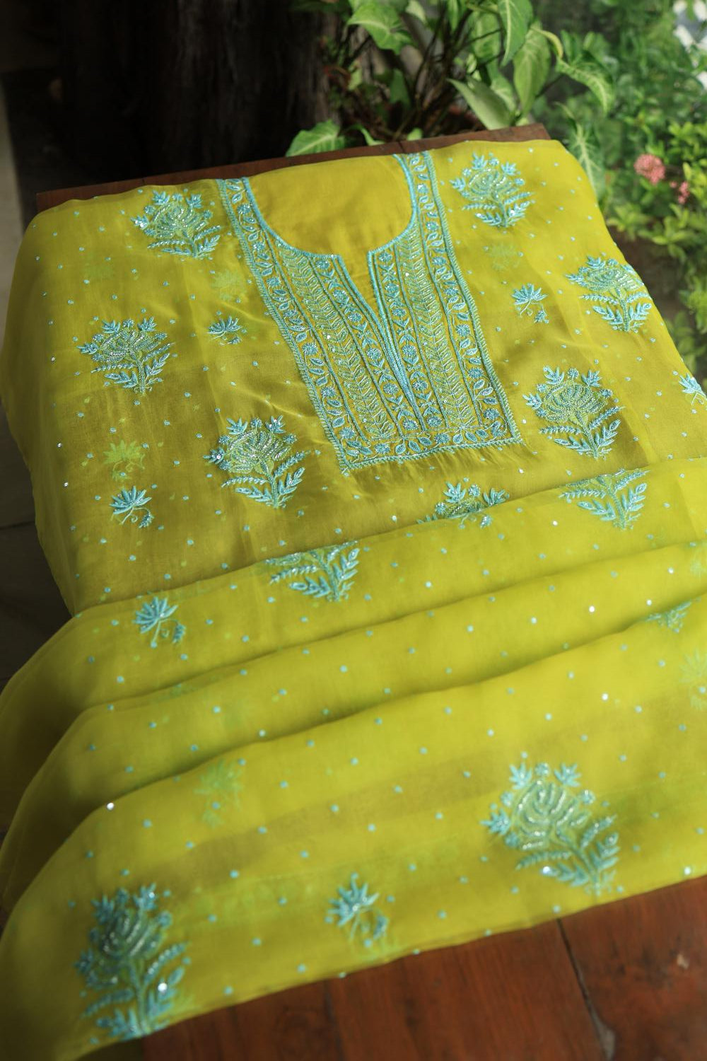 Neon Noor Organza Chikankari Unstitched Kurta Dupatta Set