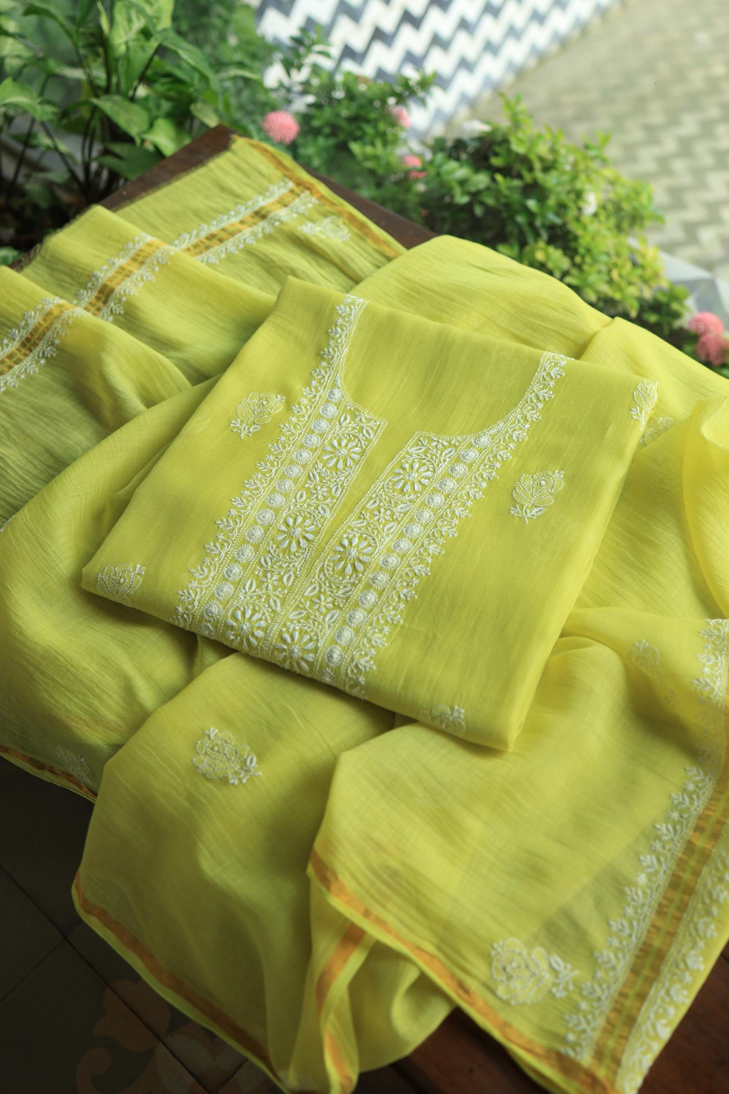 Neon Shade Mal Cotton Chikankari Unstitched Fabric