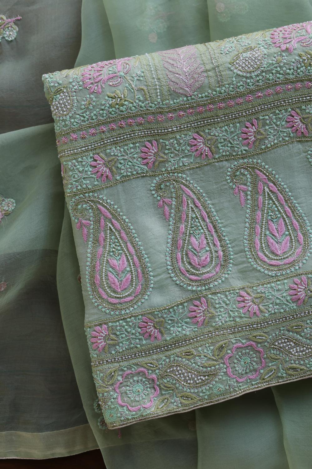 Green Noor Banarasi Organza Chikankari Unstitched Fabrics
