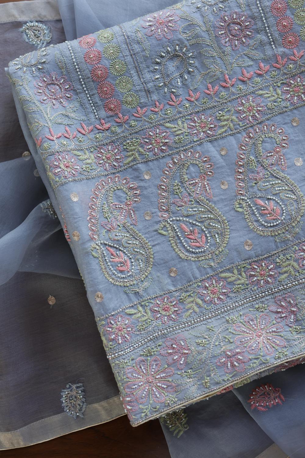 Blue Noor Banarasi Organza Chikankari Unstitched Fabrics