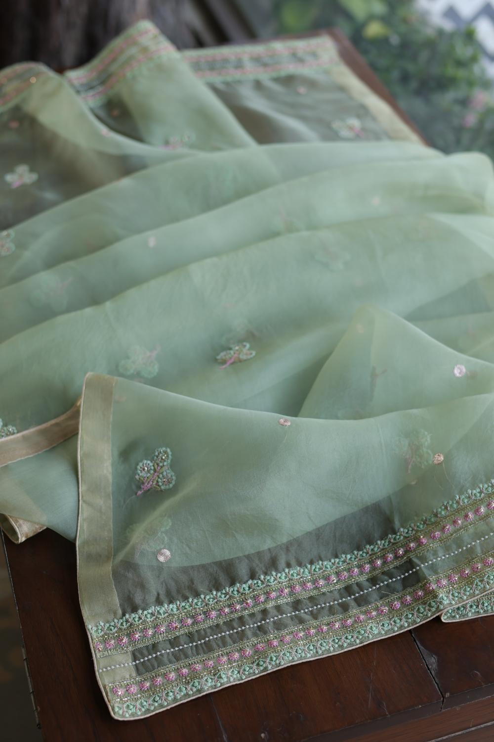 Green Noor Banarasi Organza Chikankari Unstitched Fabrics