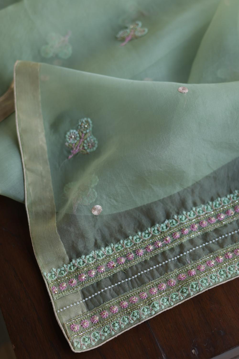 Green Noor Banarasi Organza Chikankari Unstitched Fabrics