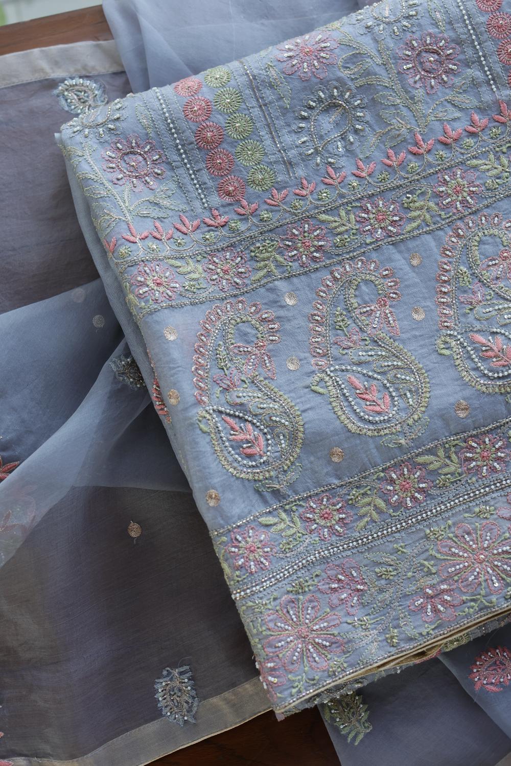Blue Noor Banarasi Organza Chikankari Unstitched Fabrics