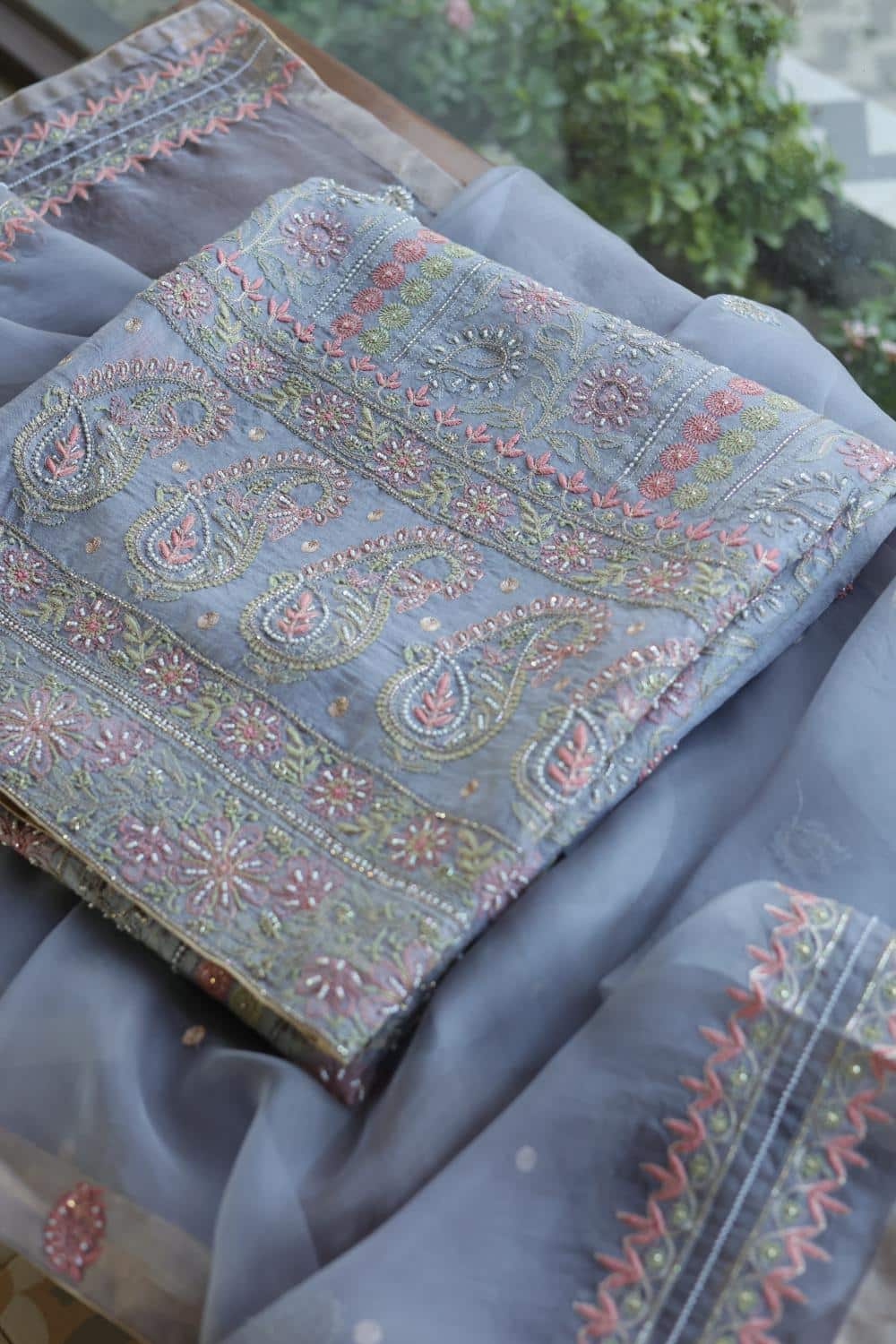 Blue Noor Banarasi Organza Chikankari Unstitched Fabrics