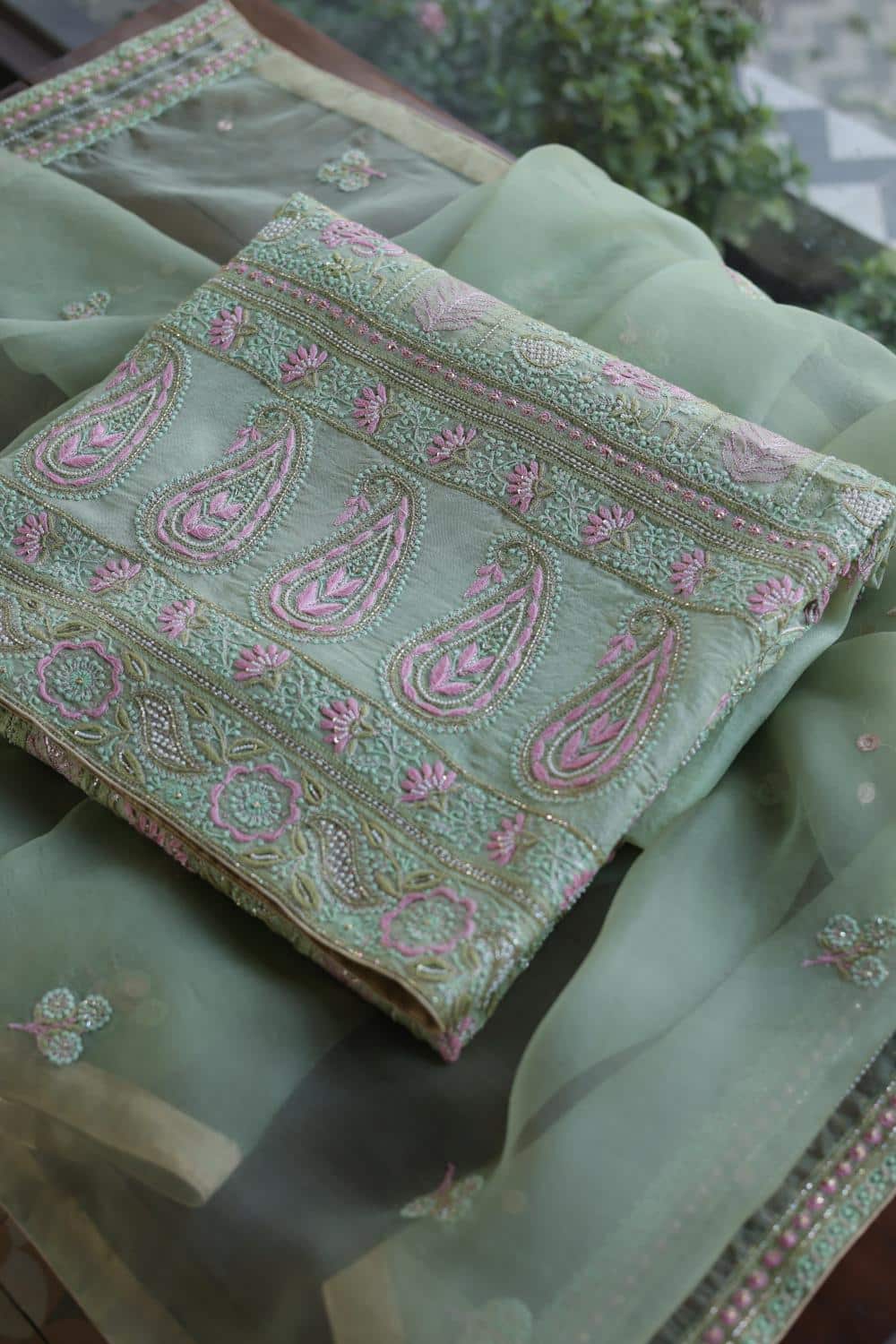 Green Noor Banarasi Organza Chikankari Unstitched Fabrics