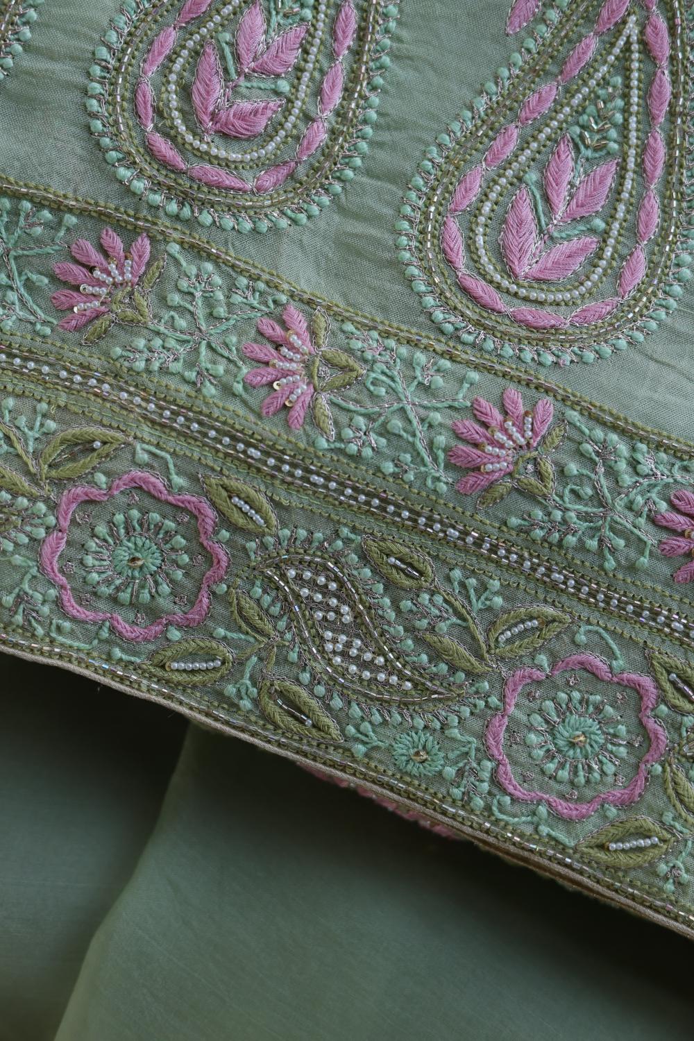 Green Noor Banarasi Organza Chikankari Unstitched Fabrics