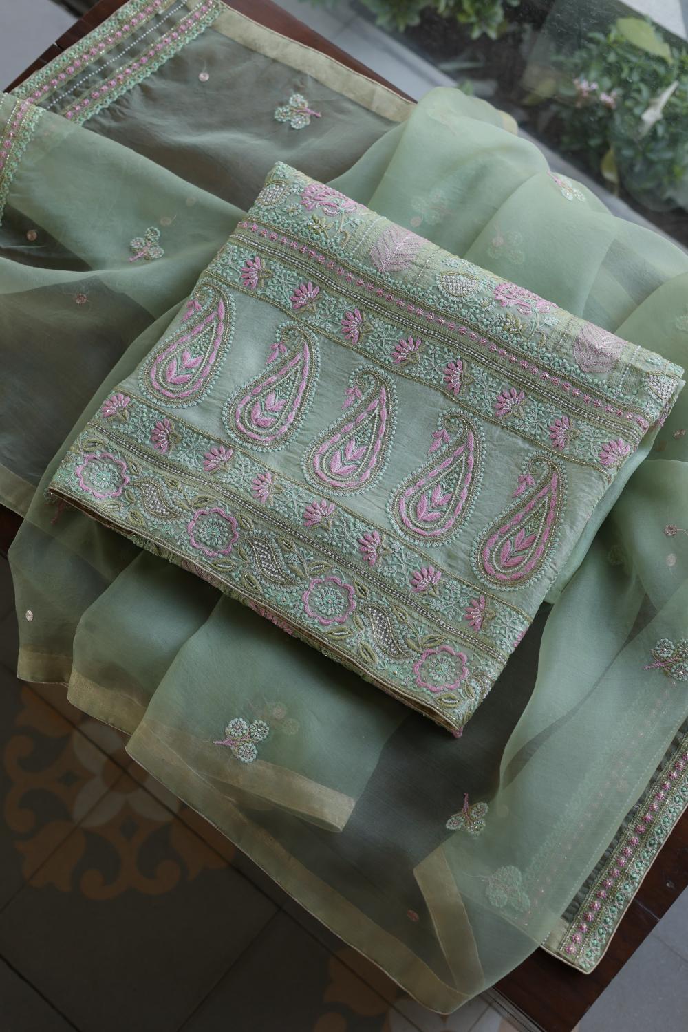Green Noor Banarasi Organza Chikankari Unstitched Fabrics