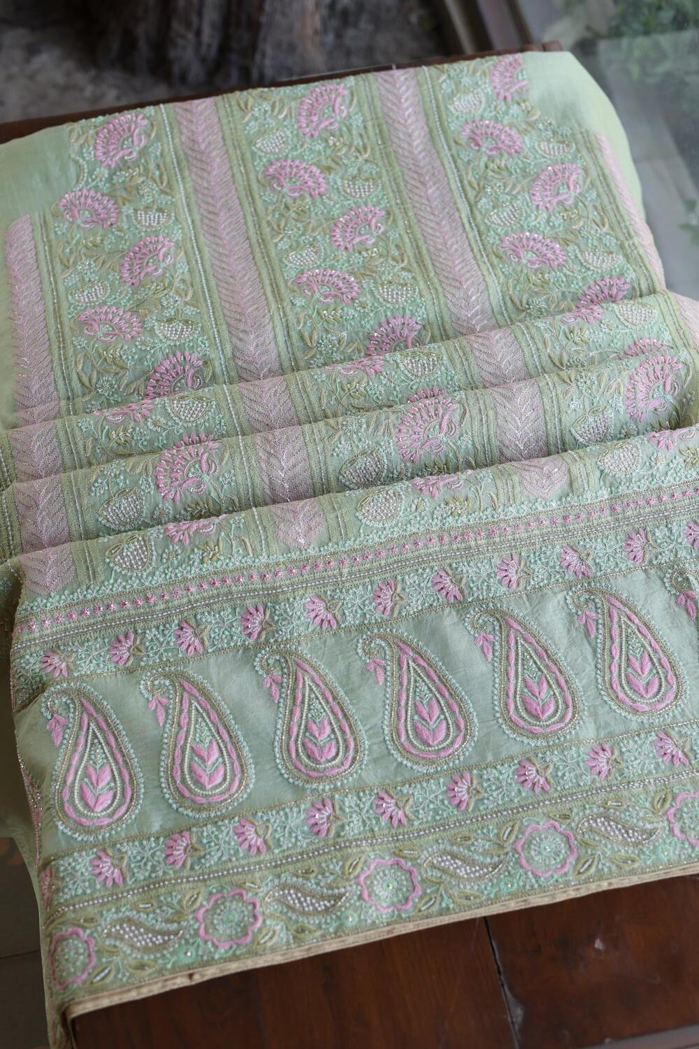 Green Noor Banarasi Organza Chikankari Unstitched Fabrics