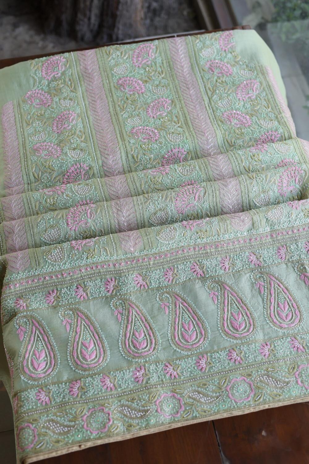 Green Noor Banarasi Organza Chikankari Unstitched Fabrics