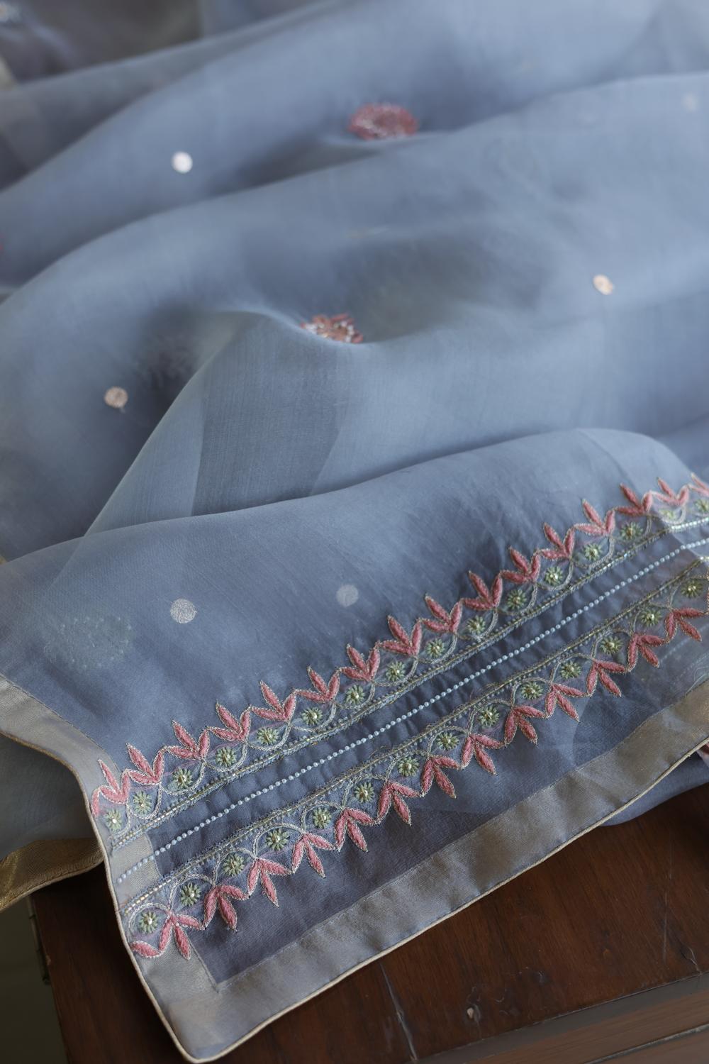 Blue Noor Banarasi Organza Chikankari Unstitched Fabrics