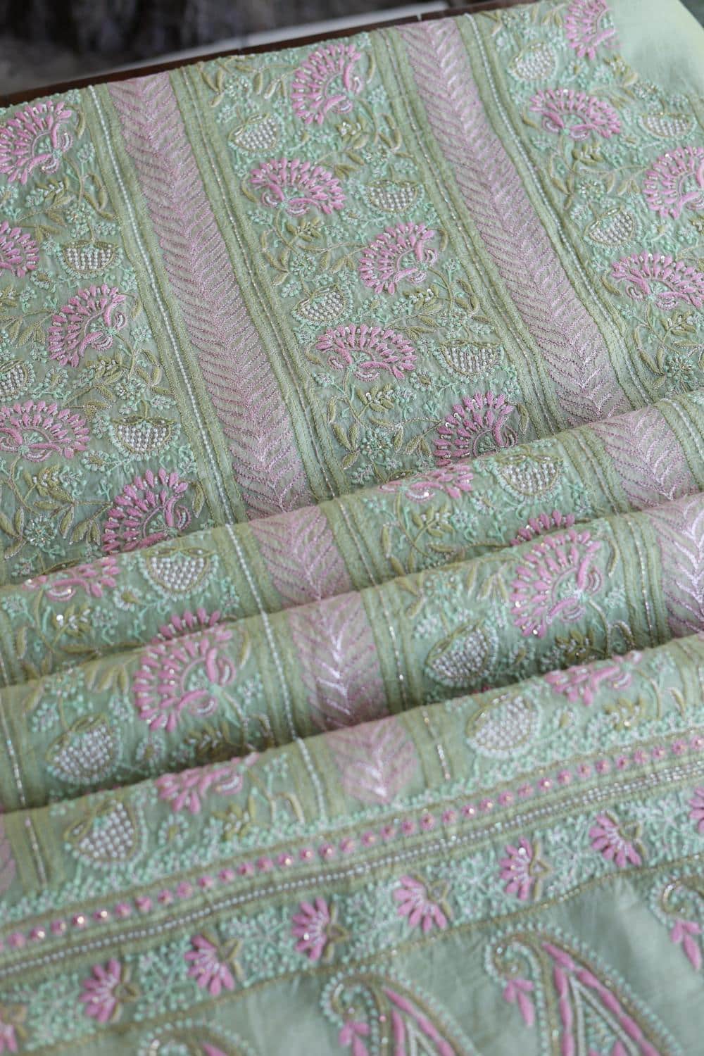 Green Noor Banarasi Organza Chikankari Unstitched Fabrics