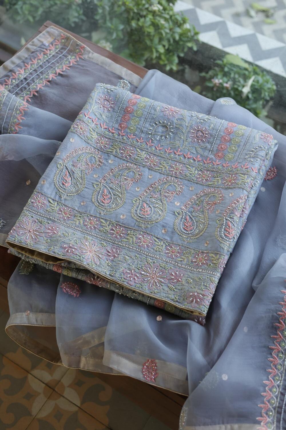 Blue Noor Banarasi Organza Chikankari Unstitched Fabrics